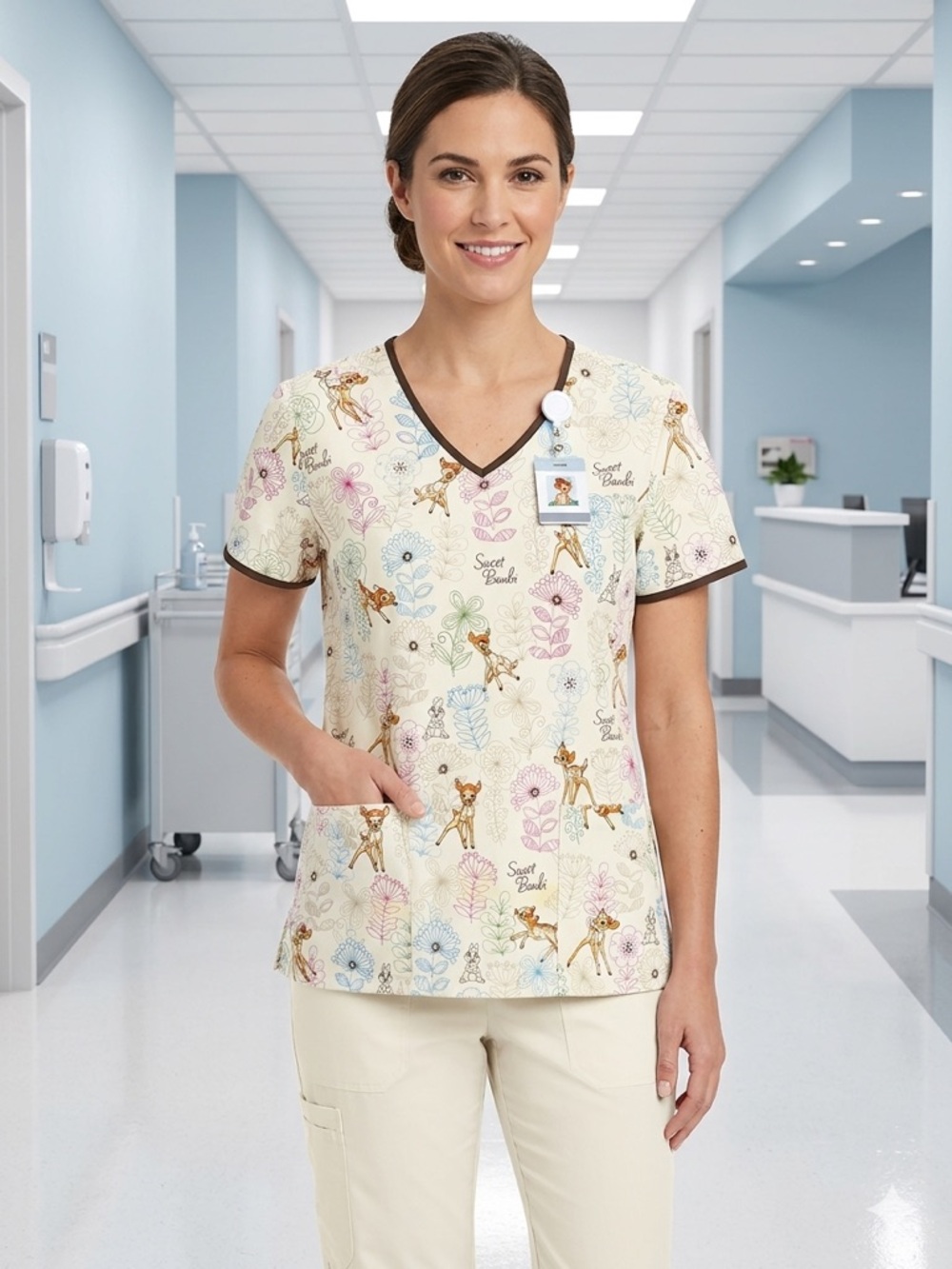 Disney "Sweet Bambi" Scrub Top Women's Large Cream Floral V-Neck Medical